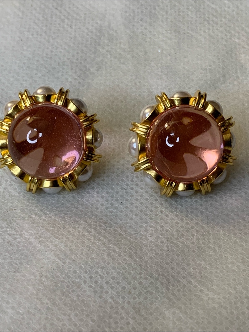 Gold-Plated Sterling Silver Pink Cabochon Faux Pearl Cluster Clip-On Earrings